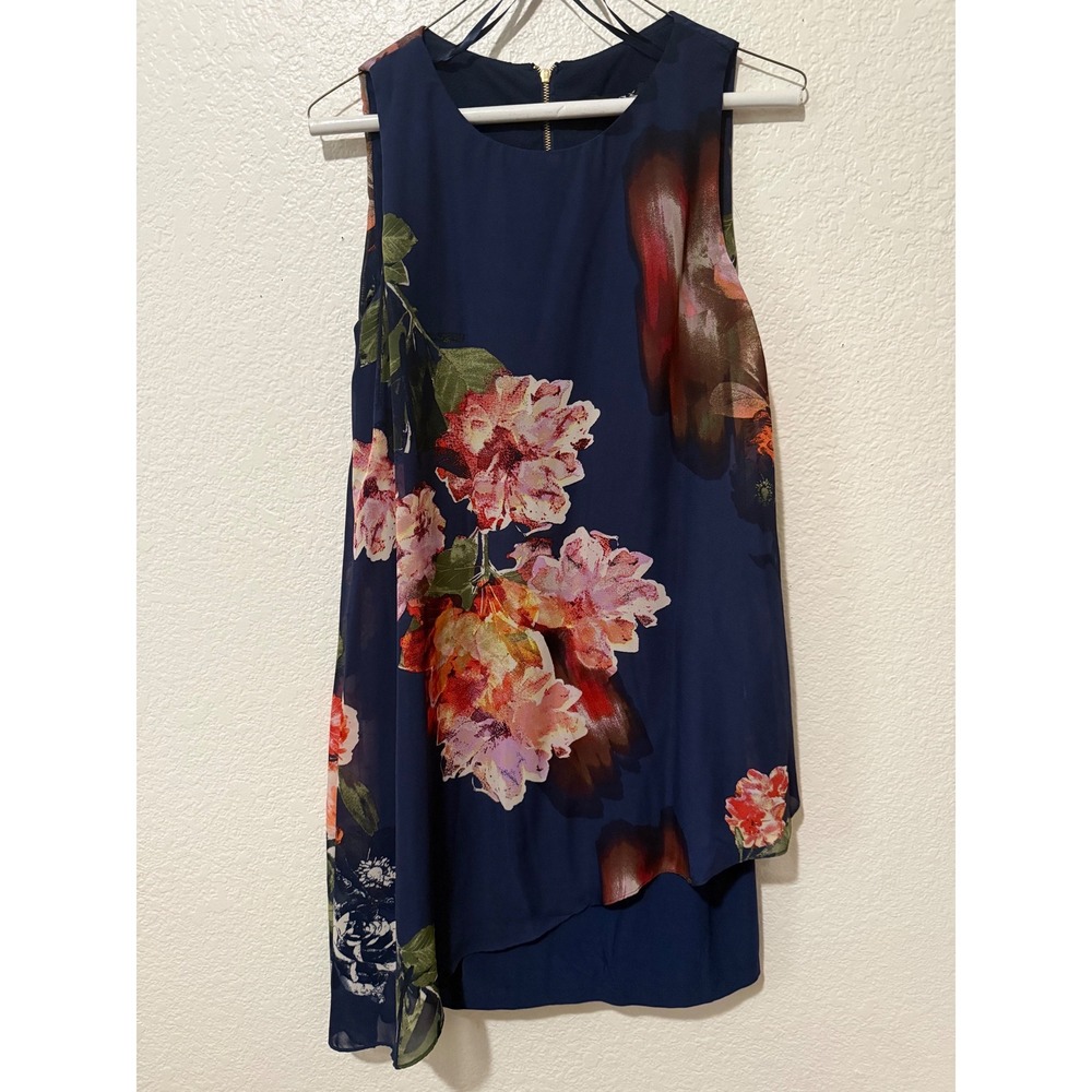 SLNY Navy Blue Floral Layered Chiffon‎ Overlay Sleeveless Shift Dress Size 8